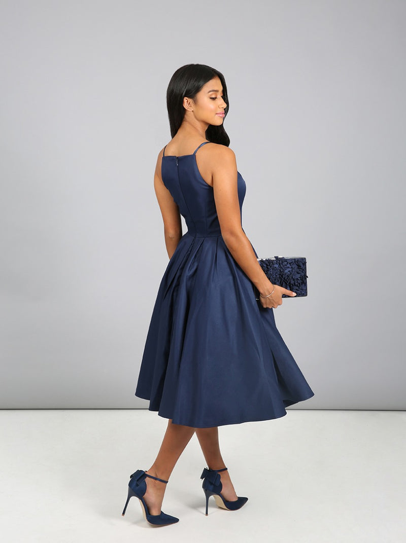 Petite Cami Strap Full Skirt Midi Dress in Blue