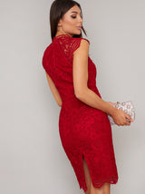 High Neck Crochet Lace Bodycon Dress in Red