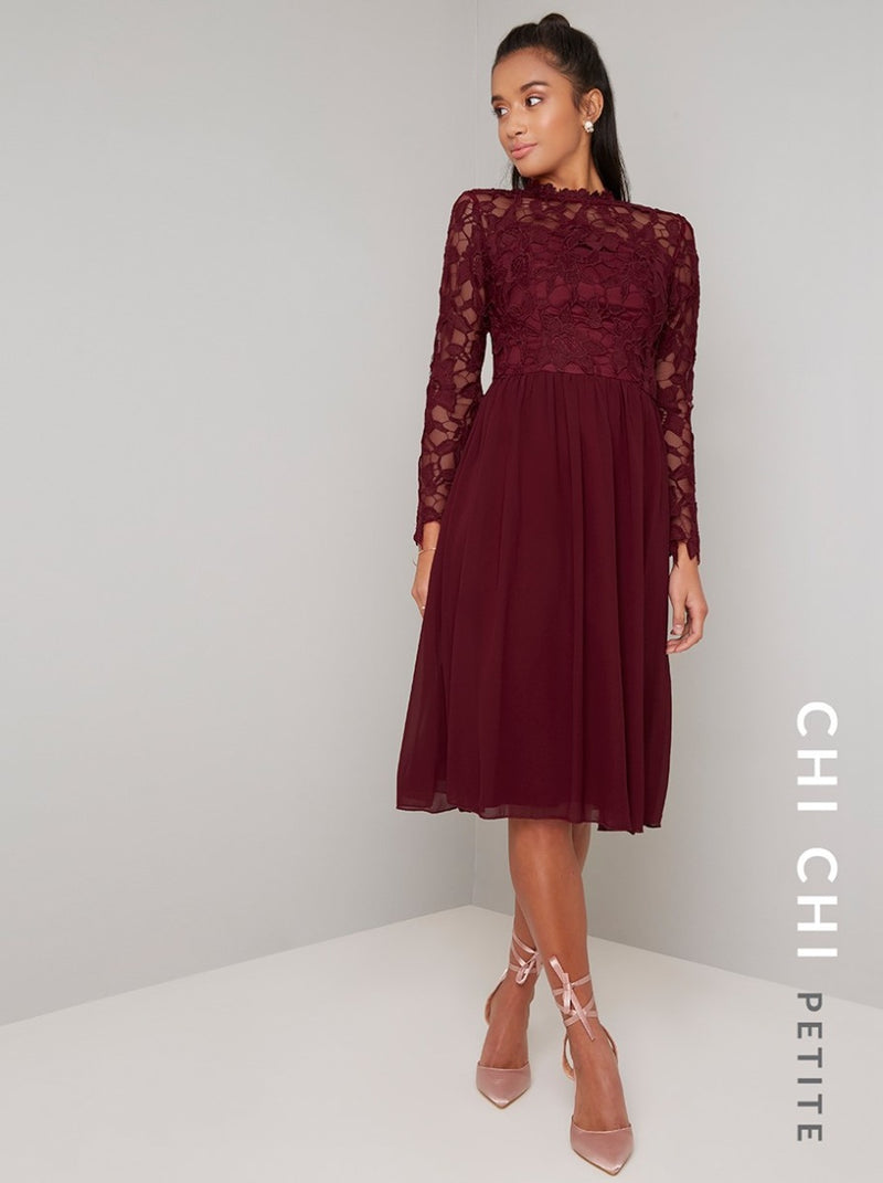 Petite Long Sleeved Lace Midi Dress in Red