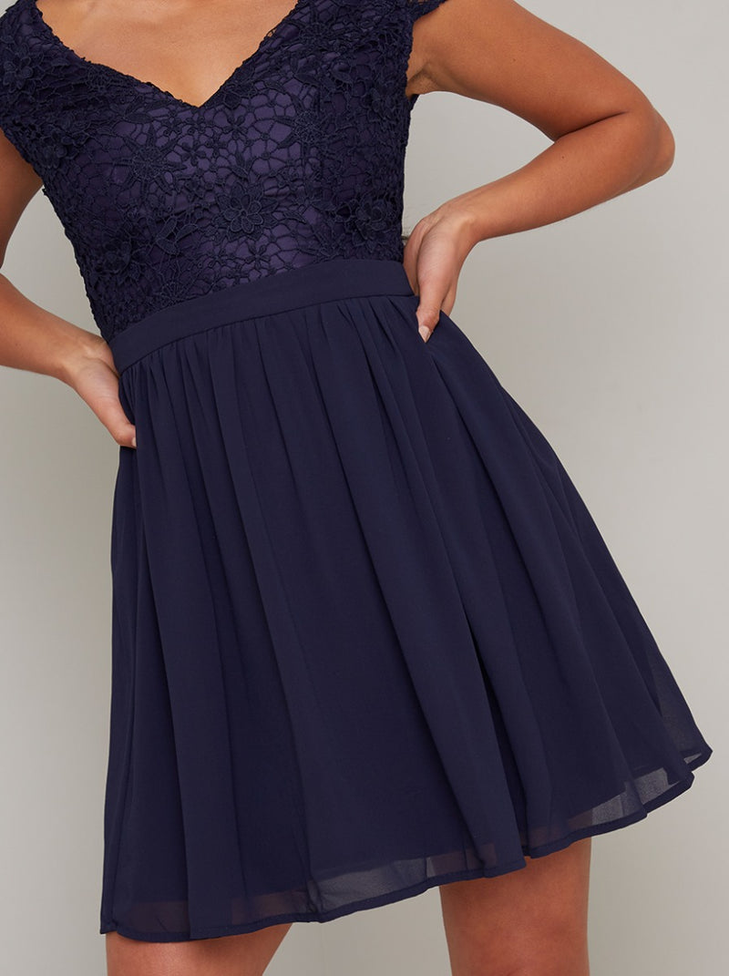 Petite Cap Sleeve Lace Chiffon Mini Dress in Blue