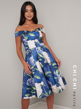 Floral Printed Petite Midi Dress in Blue