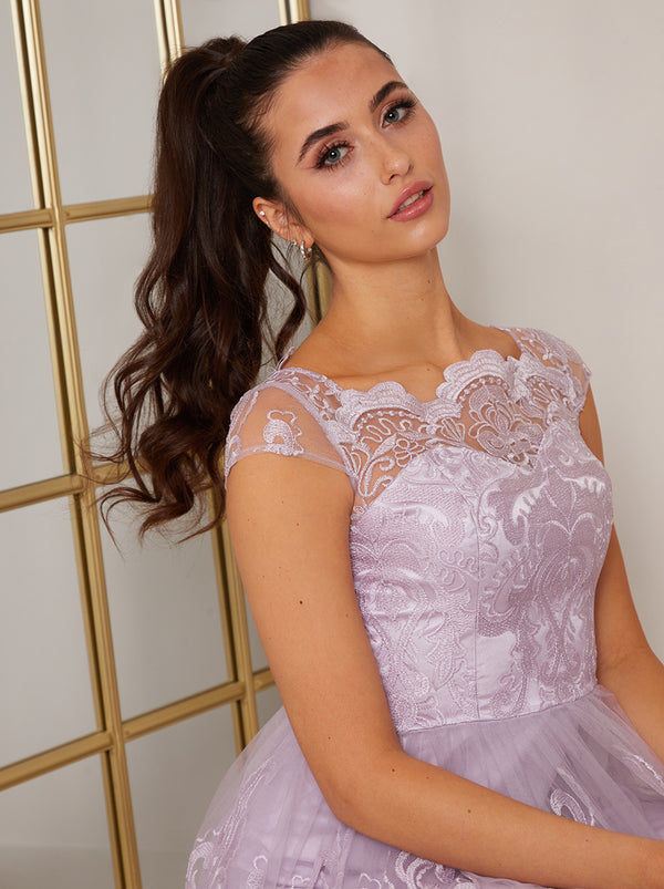 Cap Sleeved Embroidered Scallop Hem Midi Dress in Lilac