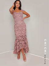Petite Lace Overlay Bodycon Dip Hem Dress in Mink