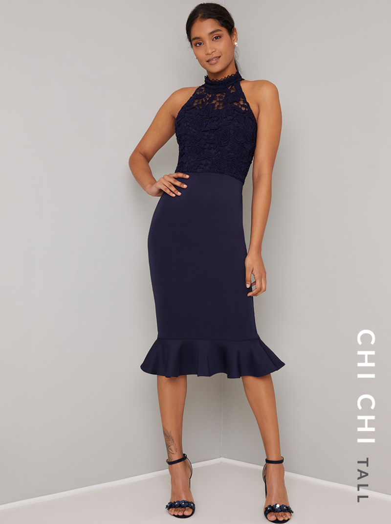 Tall High Neck Lace Peplum Bodycon Dress in Blue