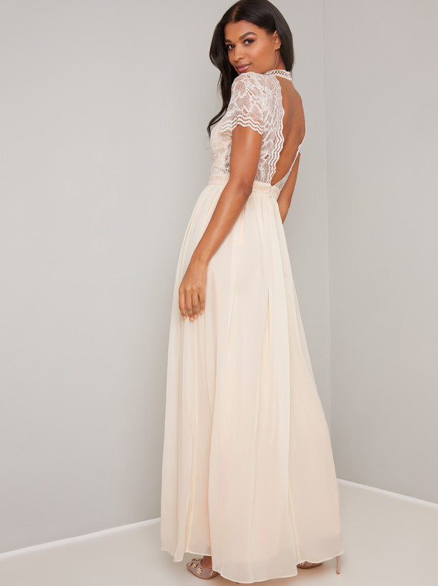 Vintage Lace Style Chiffon Maxi Dress in Cream