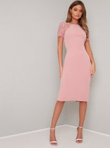 Sheer Lace Detail Bodycon Midi Dress in Pink