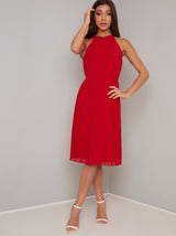 Pleated Halterneck Midi Dress in Red