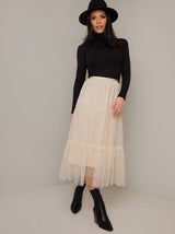 Tiered Design Tulle Midi Skirt in Cream