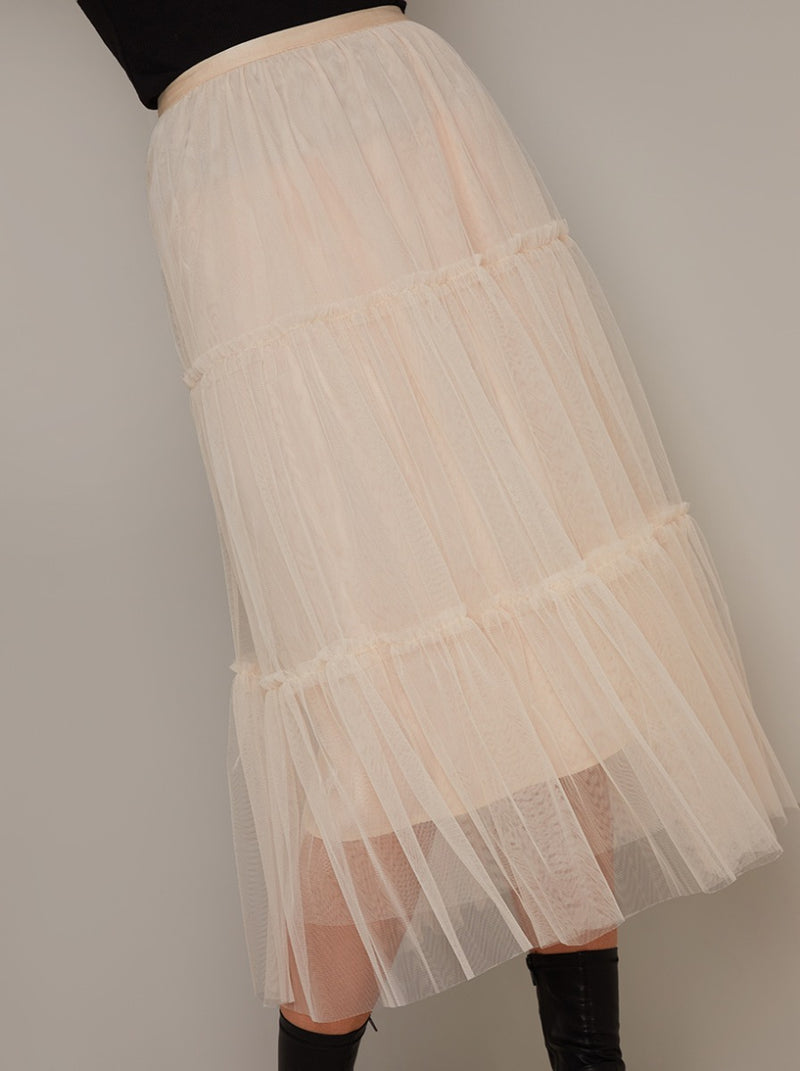 Tiered Design Tulle Midi Skirt in Cream