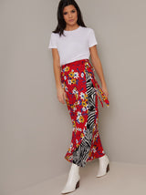 Floral Contrast Print Longline Midi Skirt in Multi