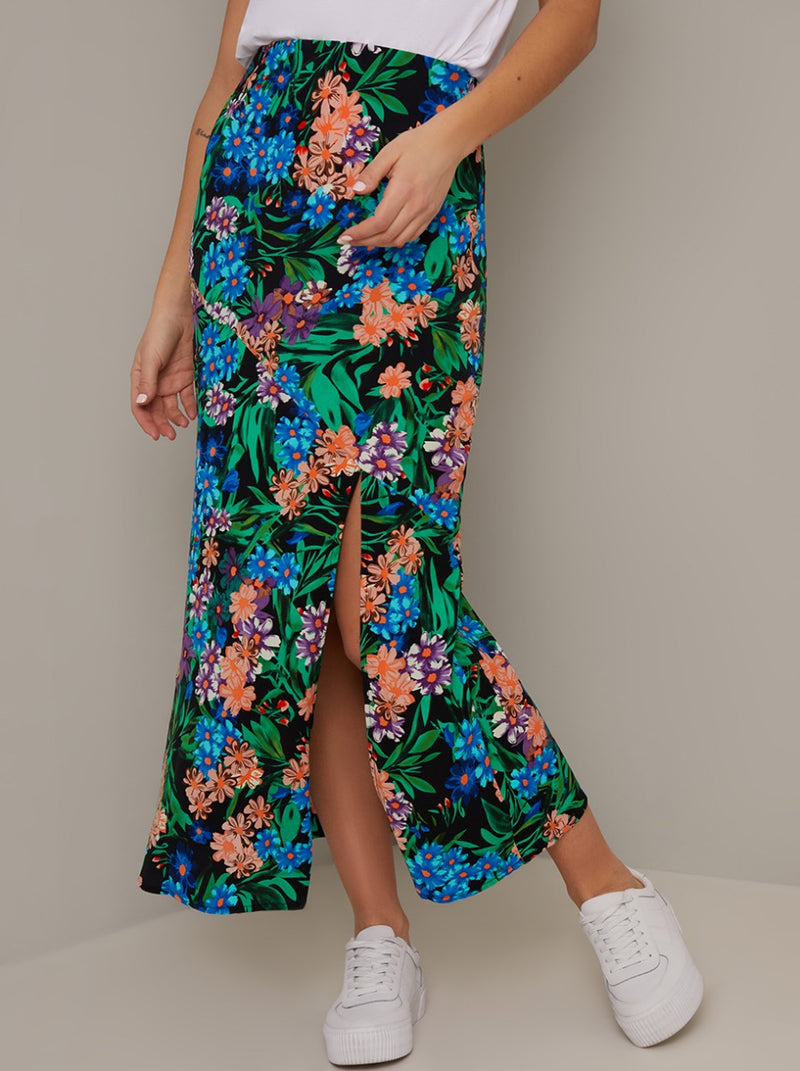 Floral Print Side Split Midi Skirt in Black