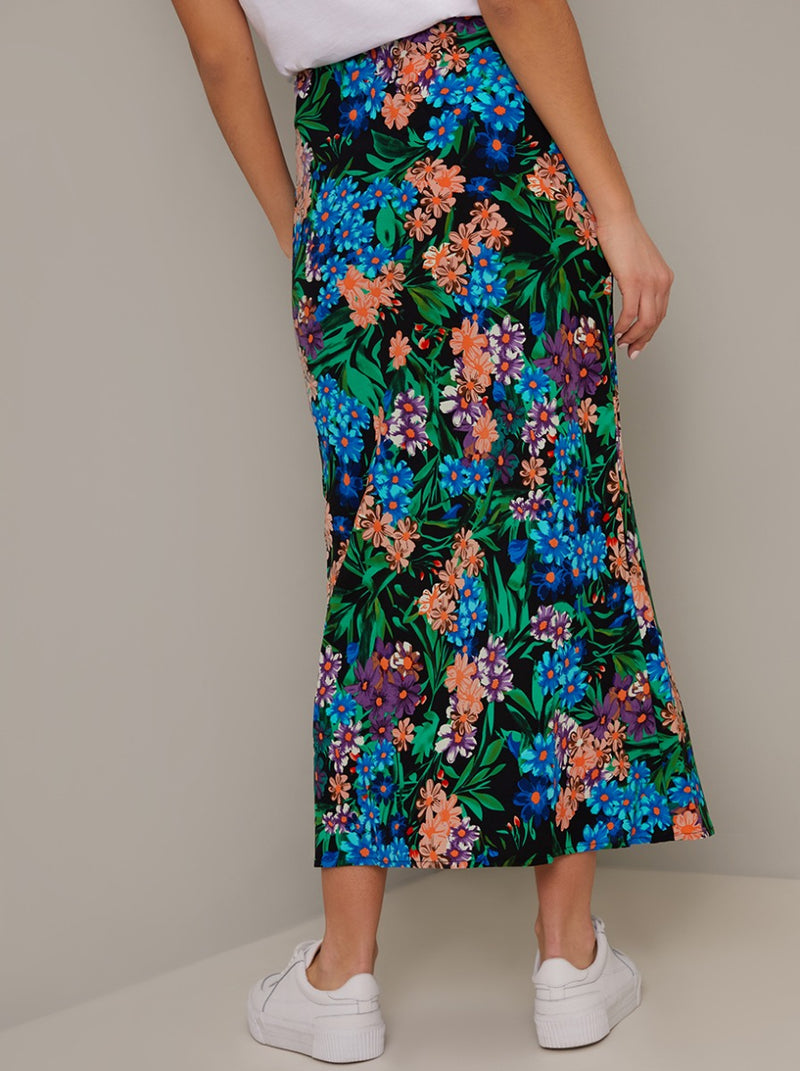 Floral Print Side Split Midi Skirt in Black – Chi Chi London