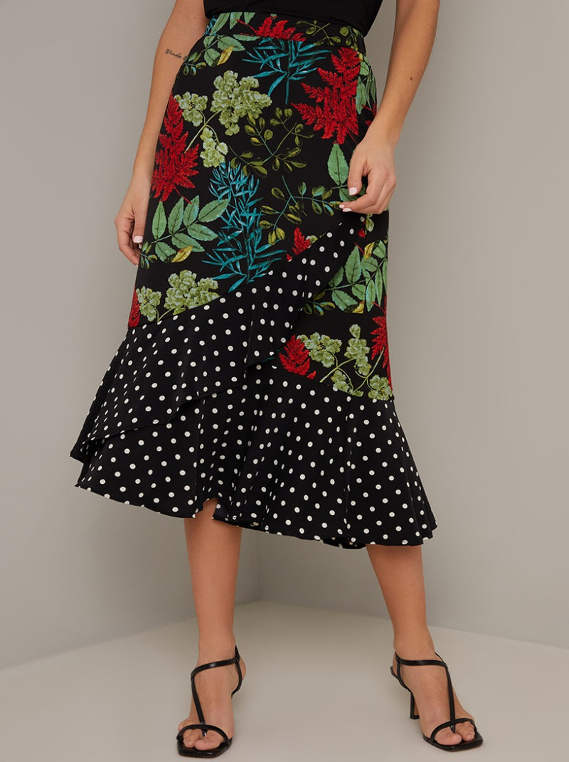 Botanical Print Ruffle Design Midi Skirt in Black