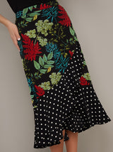 Botanical Print Ruffle Design Midi Skirt in Black