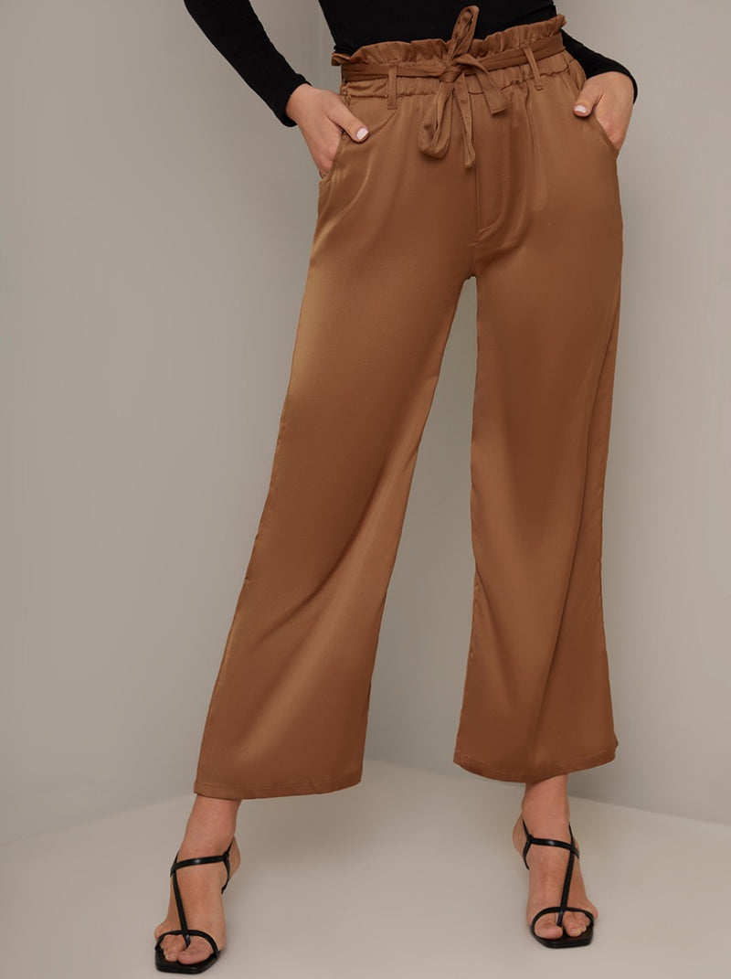 Cropped Satin Straight Leg Trousers in Brown