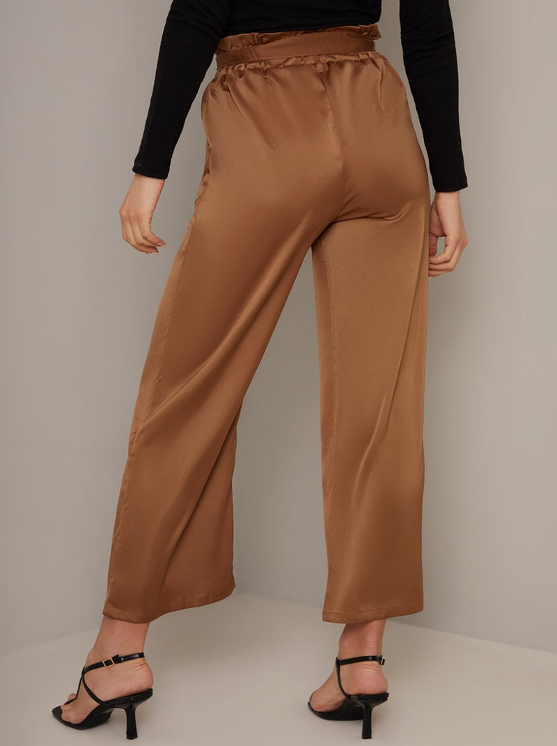 Cropped Satin Straight Leg Trousers in Brown