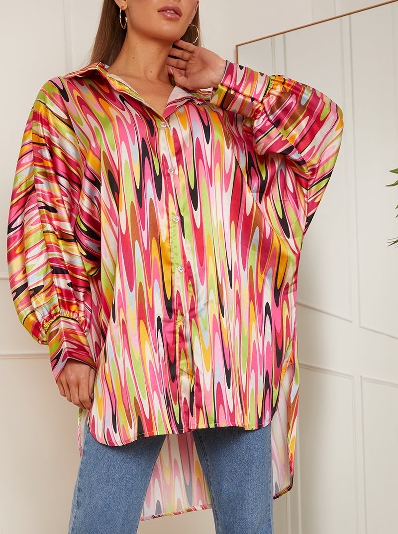 Oversized Sleeve Abstract Print Shirt in Pink