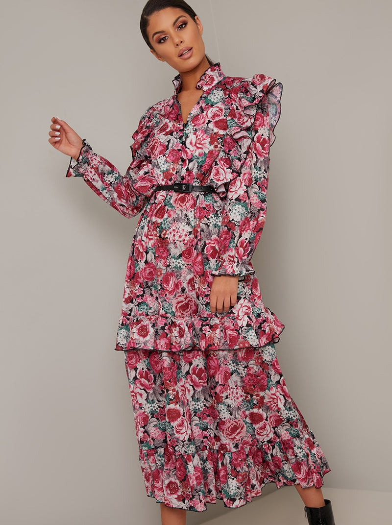 Tiered Long Sleeved Floral Print Midi Dress in Pink