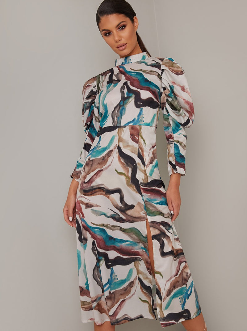 Long Puff Sleeved Print Midi Dress in Multi