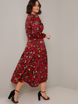 Plus Size Long Sleeved Animal Print Midi Dress in Red