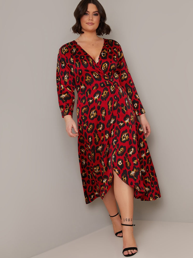 Plus Size Long Sleeved Animal Print Midi Dress in Red