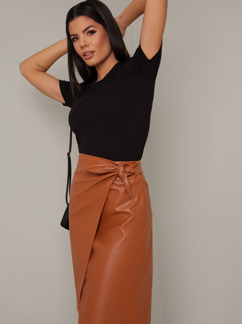 Leather Look Tie Wrap Midi Skirt in Tan