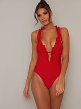 Ruffle Detail Low Cut Swimsuit in Red