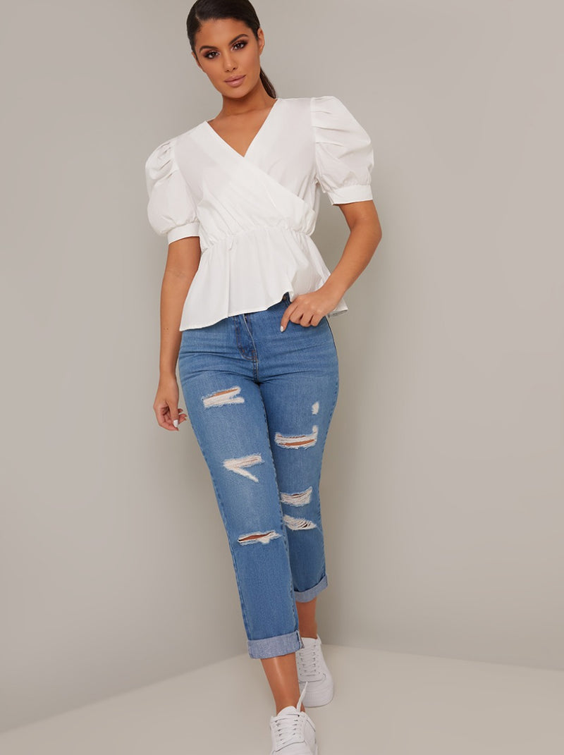 Puff Sleeve Wrap Style Top in White