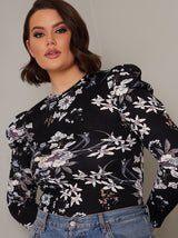 Plus Size Floral Print Puff Sleeve Top in Black