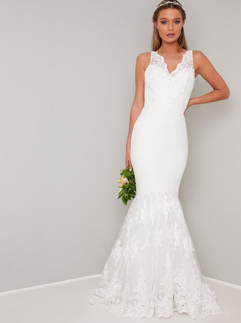 Bridal Lace Fishtail Wedding Dress in White