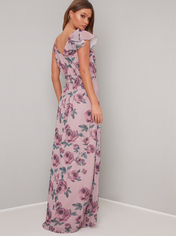 Floral Print Frill Detail Maxi Dress In Mink