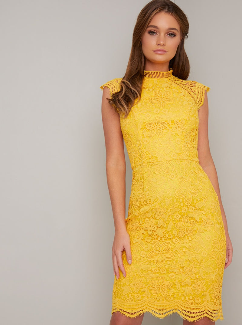Cap Sleeve Lace Bodycon Dress in Yellow