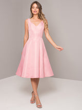V Neck Sleeveless Plain Midi Dress in Pink
